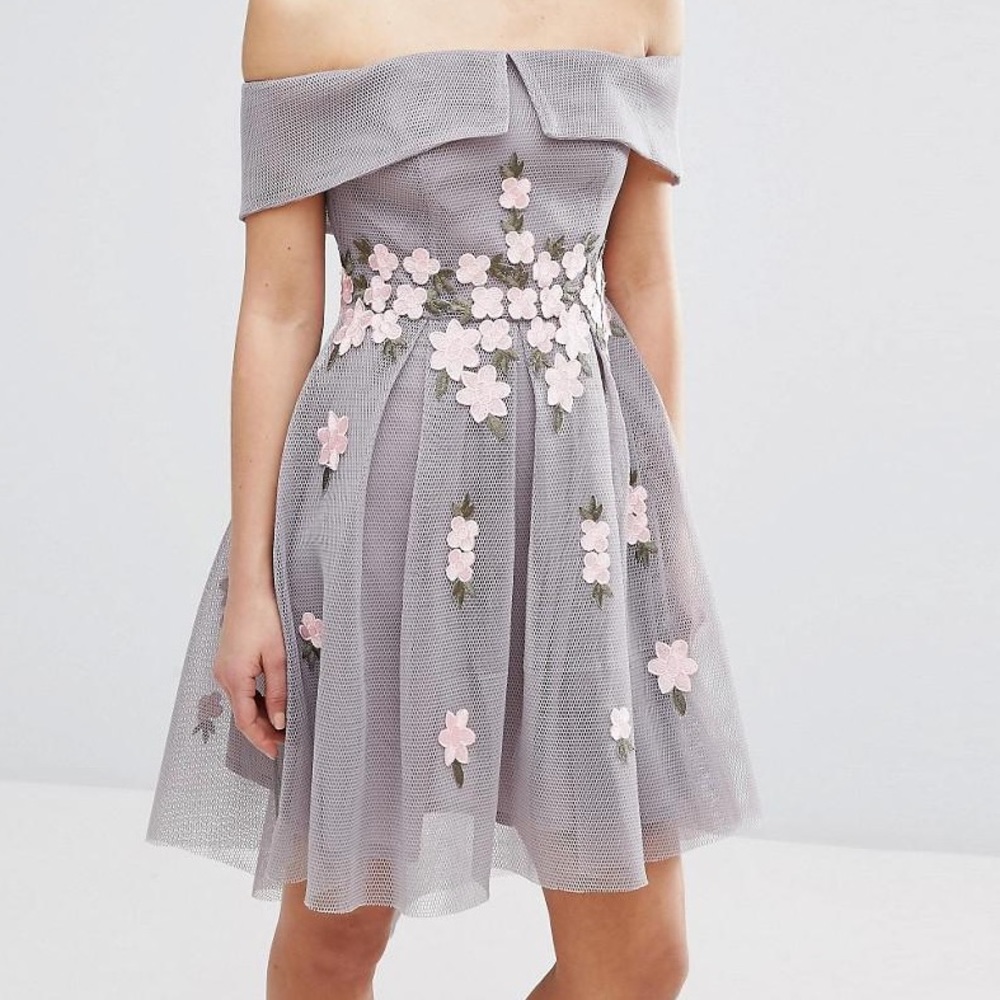 Grey Bardot Neck Floral Embroidered Mesh Dress